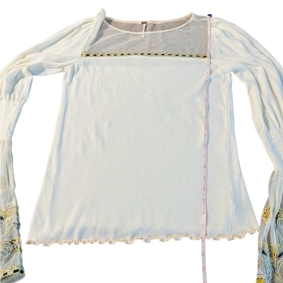 FREE PEOPLE WOMENS CREME AND SHEER BOHO LONG BELL SLEEVES TOP SIZE LARGE - Picture 11 of 16